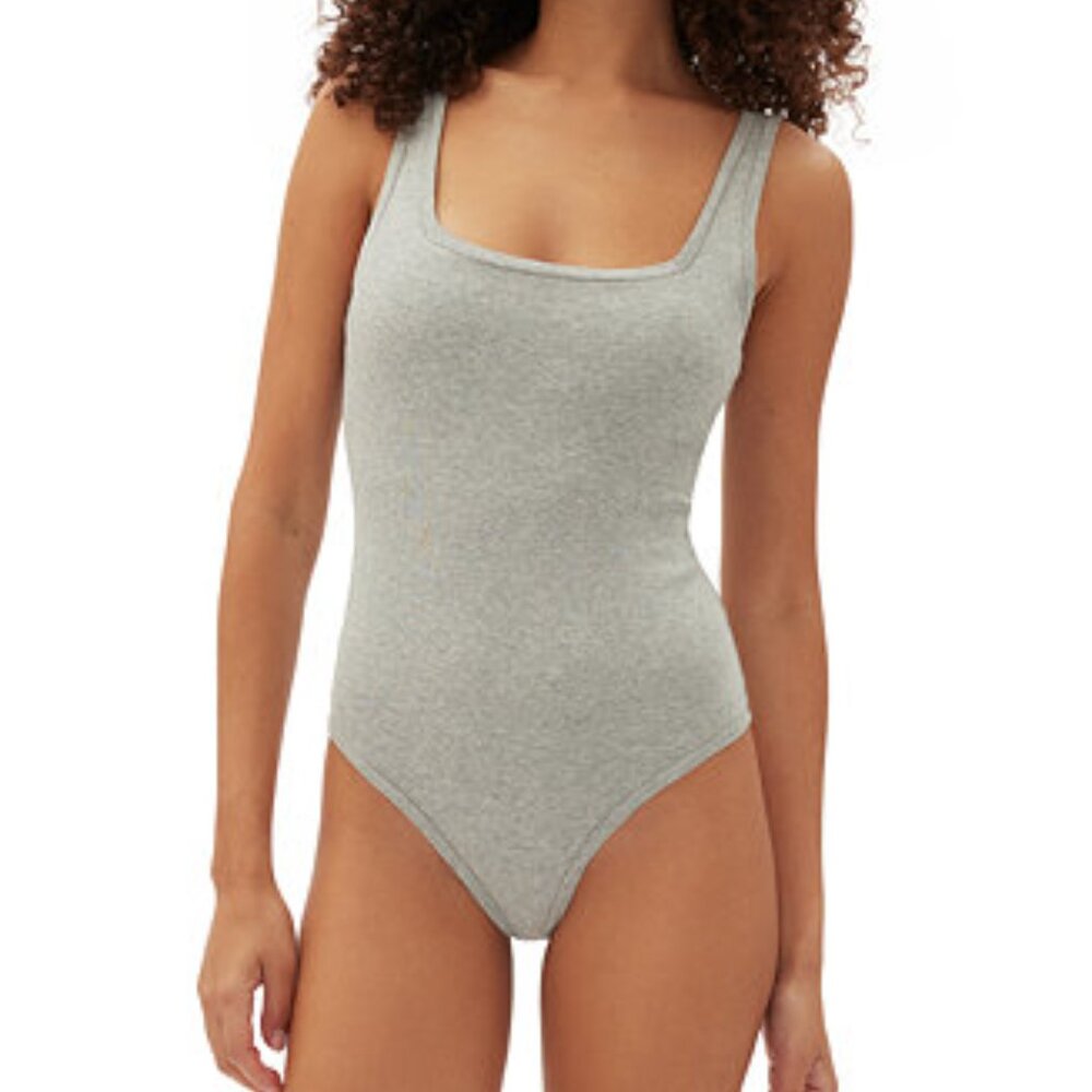 GapBody Logo Cotton Rib Thong Bodysuit | Size M | NWT | Heather Grey